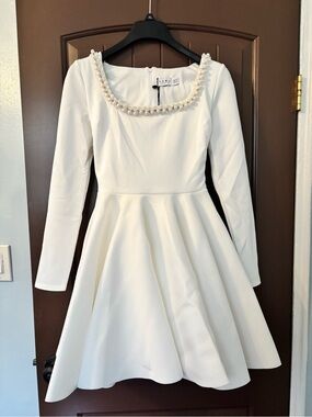 Club L London Pearl-Trim White Long-Sleeve Fit & Flare Dress